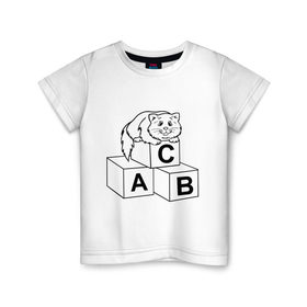 Детская футболка хлопок с принтом Кот на кубиках в Курске, 100% хлопок | круглый вырез горловины, полуприлегающий силуэт, длина до линии бедер | алфавит | киса | кот | котик | кубики