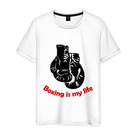Мужская футболка хлопок с принтом BOXING is my life в Курске, 100% хлопок | прямой крой, круглый вырез горловины, длина до линии бедер, слегка спущенное плечо. | емельяненко