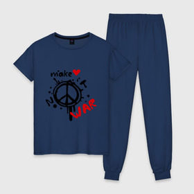 Женская пижама хлопок с принтом Peace Make love not war в Курске, 100% хлопок | брюки и футболка прямого кроя, без карманов, на брюках мягкая резинка на поясе и по низу штанин | хиппи