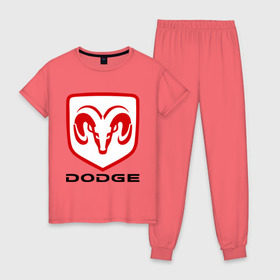 Женская пижама хлопок с принтом Dodge в Курске, 100% хлопок | брюки и футболка прямого кроя, без карманов, на брюках мягкая резинка на поясе и по низу штанин | dodge | авто2012 | додж | логотип dodge | логотип додж | символика dodge | символики додж