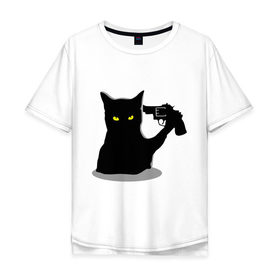 Мужская футболка хлопок Oversize с принтом Black Cat Shooter в Курске, 100% хлопок | свободный крой, круглый ворот, “спинка” длиннее передней части | кот | кошка | кошка с пистолетом | кошки | пистолет | револьвер | черная кошка