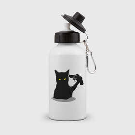 Бутылка спортивная с принтом Black Cat Shooter в Курске, металл | емкость — 500 мл, в комплекте две пластиковые крышки и карабин для крепления | кот | кошка | кошка с пистолетом | кошки | пистолет | револьвер | черная кошка