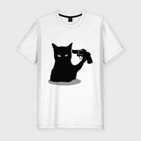 Мужская футболка премиум с принтом Black Cat Shooter в Курске, 92% хлопок, 8% лайкра | приталенный силуэт, круглый вырез ворота, длина до линии бедра, короткий рукав | кот | кошка | кошка с пистолетом | кошки | пистолет | револьвер | черная кошка