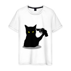 Мужская футболка хлопок с принтом Black Cat Shooter в Курске, 100% хлопок | прямой крой, круглый вырез горловины, длина до линии бедер, слегка спущенное плечо. | кот | кошка | кошка с пистолетом | кошки | пистолет | револьвер | черная кошка