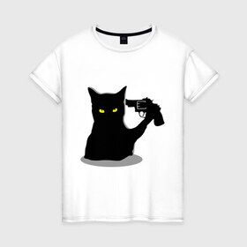 Женская футболка хлопок с принтом Black Cat Shooter в Курске, 100% хлопок | прямой крой, круглый вырез горловины, длина до линии бедер, слегка спущенное плечо | кот | кошка | кошка с пистолетом | кошки | пистолет | револьвер | черная кошка