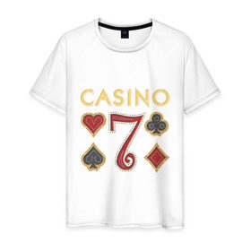 Мужская футболка хлопок с принтом Casino в Курске, 100% хлопок | прямой крой, круглый вырез горловины, длина до линии бедер, слегка спущенное плечо. | 7 | casino | poker | азарт | игра | казино | карточная колода | карточные игры | карты | колода | масти | масть | покер | семь | ставки