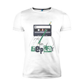 Мужская футболка премиум с принтом Replay в Курске, 92% хлопок, 8% лайкра | приталенный силуэт, круглый вырез ворота, длина до линии бедра, короткий рукав | music | replay | replayреплей | аудиокассета | кассета | музыка