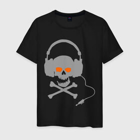 Мужская футболка хлопок с принтом Электро-череп в наушниках в Курске, 100% хлопок | прямой крой, круглый вырез горловины, длина до линии бедер, слегка спущенное плечо. | наушники | череп | череп  в наушниках | электро | электро череп | электромузыка | электронная музыка
