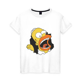 Женская футболка хлопок с принтом Гомер Симпсон вылезает в Курске, 100% хлопок | прямой крой, круглый вырез горловины, длина до линии бедер, слегка спущенное плечо | гомер