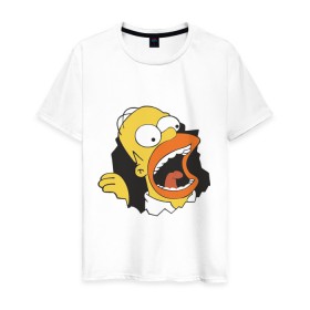 Мужская футболка хлопок с принтом Гомер Симпсон вылезает в Курске, 100% хлопок | прямой крой, круглый вырез горловины, длина до линии бедер, слегка спущенное плечо. | гомер