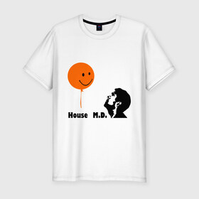 Мужская футболка премиум с принтом Доктор Хаус и воздушный шарик в Курске, 92% хлопок, 8% лайкра | приталенный силуэт, круглый вырез ворота, длина до линии бедра, короткий рукав | house | house md | все врут | доктор хауз | доктор хаус | хаус | хью лори