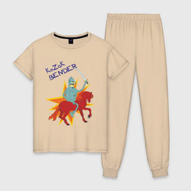 Женская пижама хлопок с принтом Бэндер - казак в Курске, 100% хлопок | брюки и футболка прямого кроя, без карманов, на брюках мягкая резинка на поясе и по низу штанин | bender | бендер | бэндер   казакfuturama | футурама