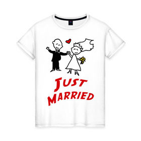 Женская футболка хлопок с принтом Just married в Курске, 100% хлопок | прямой крой, круглый вырез горловины, длина до линии бедер, слегка спущенное плечо | для молодоженов | молодожены | мы только что поженились | невеста | супружеская | только поженились