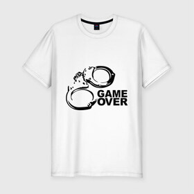 Мужская футболка премиум с принтом Game Over наручники в Курске, 92% хлопок, 8% лайкра | приталенный силуэт, круглый вырез ворота, длина до линии бедра, короткий рукав | game over | арест | арестовать | заключенный | игра окончена | милиция | наручники