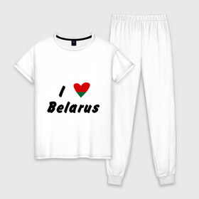 Женская пижама хлопок с принтом I love Belarus в Курске, 100% хлопок | брюки и футболка прямого кроя, без карманов, на брюках мягкая резинка на поясе и по низу штанин | беларусы | беларусь | белоруссия | лукашенко | люблю | минск | флаг