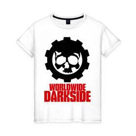Женская футболка хлопок с принтом Worldwide Darkside в Курске, 100% хлопок | прямой крой, круглый вырез горловины, длина до линии бедер, слегка спущенное плечо | сторона | темная | череп | черепушка | шестеренка | электро | электронная