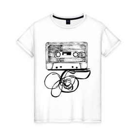 Женская футболка хлопок с принтом Размотанная кассета в Курске, 100% хлопок | прямой крой, круглый вырез горловины, длина до линии бедер, слегка спущенное плечо | аудиокассета | дека | касеста | компакт кассета | музыка | размотанная кассета