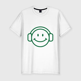 Мужская футболка премиум с принтом Смайл в наушниках в Курске, 92% хлопок, 8% лайкра | приталенный силуэт, круглый вырез ворота, длина до линии бедра, короткий рукав | Тематика изображения на принте: smile | наушники | смайл | смайлик | улыбка