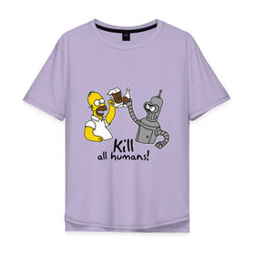 Мужская футболка хлопок Oversize с принтом Бендер пьет с Гомером в Курске, 100% хлопок | свободный крой, круглый ворот, “спинка” длиннее передней части | Тематика изображения на принте: гомер