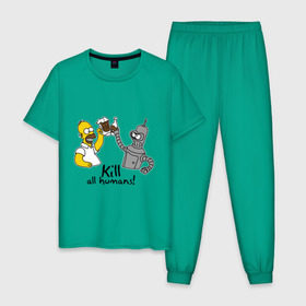 Мужская пижама хлопок с принтом Бендер пьет с Гомером в Курске, 100% хлопок | брюки и футболка прямого кроя, без карманов, на брюках мягкая резинка на поясе и по низу штанин
 | гомер