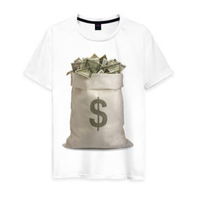 Мужская футболка хлопок с принтом Мешок денег в Курске, 100% хлопок | прямой крой, круглый вырез горловины, длина до линии бедер, слегка спущенное плечо. | dollars | бабло | баксы | валюта | деньги | доллары | мешок денег | много денег | работа | работать