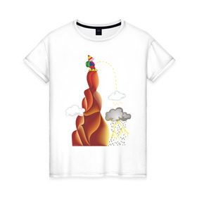 Женская футболка хлопок с принтом Турист писает в Курске, 100% хлопок | прямой крой, круглый вырез горловины, длина до линии бедер, слегка спущенное плечо | вершина | гора | дождь | писать | прикольные | турист. рисунок
