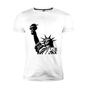 Мужская футболка премиум с принтом Статуя свободы в Курске, 92% хлопок, 8% лайкра | приталенный силуэт, круглый вырез ворота, длина до линии бедра, короткий рукав | freedom | америка | символ америки | статуя | статуя свободы | статуя свободы в ny.штаты | сша