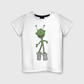 Детская футболка хлопок с принтом Инопланетянин на пружине в Курске, 100% хлопок | круглый вырез горловины, полуприлегающий силуэт, длина до линии бедер | Тематика изображения на принте: гуманоид | инопланетянин | космос | летающая тарелка | нло | пришелец | пришельцы | смешной пришелец | ходули