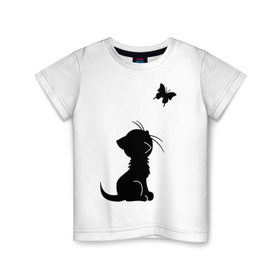 Детская футболка хлопок с принтом Котенок и бабочка в Курске, 100% хлопок | круглый вырез горловины, полуприлегающий силуэт, длина до линии бедер | бабочка