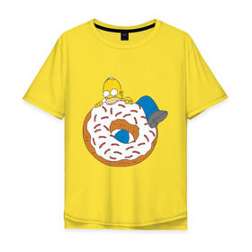 Мужская футболка хлопок Oversize с принтом Гомер ест пончик в Курске, 100% хлопок | свободный крой, круглый ворот, “спинка” длиннее передней части | гомер