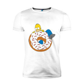 Мужская футболка премиум с принтом Гомер ест пончик в Курске, 92% хлопок, 8% лайкра | приталенный силуэт, круглый вырез ворота, длина до линии бедра, короткий рукав | гомер