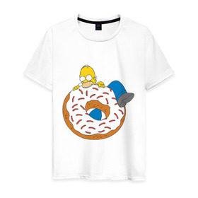 Мужская футболка хлопок с принтом Гомер ест пончик в Курске, 100% хлопок | прямой крой, круглый вырез горловины, длина до линии бедер, слегка спущенное плечо. | гомер