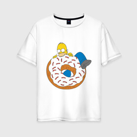 Женская футболка хлопок Oversize с принтом Гомер ест пончик в Курске, 100% хлопок | свободный крой, круглый ворот, спущенный рукав, длина до линии бедер
 | гомер
