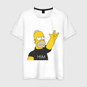 Мужская футболка хлопок с принтом Гомер rock фанат в Курске, 100% хлопок | прямой крой, круглый вырез горловины, длина до линии бедер, слегка спущенное плечо. | Тематика изображения на принте: him | гомер