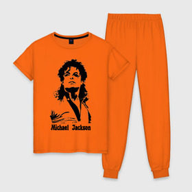 Женская пижама хлопок с принтом Michael Jackson в Курске, 100% хлопок | брюки и футболка прямого кроя, без карманов, на брюках мягкая резинка на поясе и по низу штанин | Тематика изображения на принте: jackson | michael | pop | джексон | майкл | майкл джексон | поп