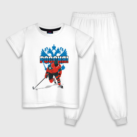 Детская пижама хлопок с принтом Россия(4) в Курске, 100% хлопок |  брюки и футболка прямого кроя, без карманов, на брюках мягкая резинка на поясе и по низу штанин
 | национальная лига | нхл | россия | хокей | хоккей | хоккейная лига | хоккейный клуб
