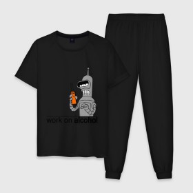 Мужская пижама хлопок с принтом Work on alcohol в Курске, 100% хлопок | брюки и футболка прямого кроя, без карманов, на брюках мягкая резинка на поясе и по низу штанин
 | бендер | футурама