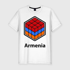 Мужская футболка премиум с принтом Кубик – Армения в Курске, 92% хлопок, 8% лайкра | приталенный силуэт, круглый вырез ворота, длина до линии бедра, короткий рукав | армения | армяне | армянин | ереван | кубик | кубик рубик | флаг | флаг армении в магическом кубике.armenia