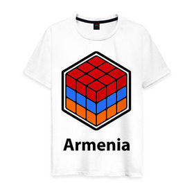 Мужская футболка хлопок с принтом Кубик – Армения в Курске, 100% хлопок | прямой крой, круглый вырез горловины, длина до линии бедер, слегка спущенное плечо. | армения | армяне | армянин | ереван | кубик | кубик рубик | флаг | флаг армении в магическом кубике.armenia