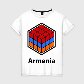Женская футболка хлопок с принтом Кубик – Армения в Курске, 100% хлопок | прямой крой, круглый вырез горловины, длина до линии бедер, слегка спущенное плечо | армения | армяне | армянин | ереван | кубик | кубик рубик | флаг | флаг армении в магическом кубике.armenia