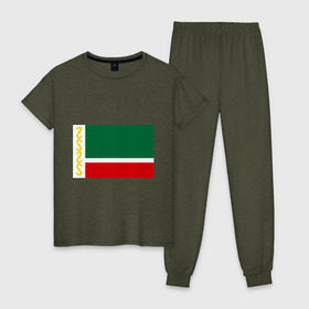 Женская пижама хлопок с принтом Чечня 95 регион в Курске, 100% хлопок | брюки и футболка прямого кроя, без карманов, на брюках мягкая резинка на поясе и по низу штанин | 95 | кавказ | регион | флаг | чеченец | чеченский | чеченцы | чечня | чичня