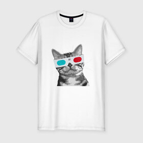 Мужская футболка премиум с принтом Кот в стереоочках в Курске, 92% хлопок, 8% лайкра | приталенный силуэт, круглый вырез ворота, длина до линии бедра, короткий рукав | анаглифы | кот | коты | кошки | стерео очки