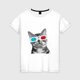 Женская футболка хлопок с принтом Кот в стереоочках в Курске, 100% хлопок | прямой крой, круглый вырез горловины, длина до линии бедер, слегка спущенное плечо | анаглифы | кот | коты | кошки | стерео очки