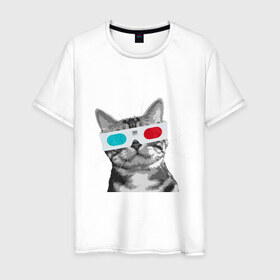 Мужская футболка хлопок с принтом Кот в стереоочках в Курске, 100% хлопок | прямой крой, круглый вырез горловины, длина до линии бедер, слегка спущенное плечо. | анаглифы | кот | коты | кошки | стерео очки