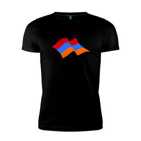 Мужская футболка премиум с принтом Армения (человек с флагом) в Курске, 92% хлопок, 8% лайкра | приталенный силуэт, круглый вырез ворота, длина до линии бедра, короткий рукав | armenia | армении | армения | армяне | армянин | армянка | ереван | флаг