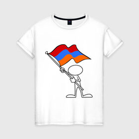 Женская футболка хлопок с принтом Армения (человек с флагом) в Курске, 100% хлопок | прямой крой, круглый вырез горловины, длина до линии бедер, слегка спущенное плечо | armenia | армении | армения | армяне | армянин | армянка | ереван | флаг