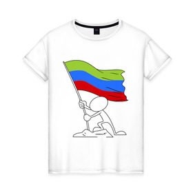 Женская футболка хлопок с принтом Дагестан (человек с флагом) в Курске, 100% хлопок | прямой крой, круглый вырез горловины, длина до линии бедер, слегка спущенное плечо | 05 регион | даг | дагестан | даги | кавказ | кавказский | кавказцы | флаг