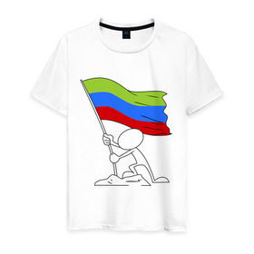 Мужская футболка хлопок с принтом Дагестан (человек с флагом) в Курске, 100% хлопок | прямой крой, круглый вырез горловины, длина до линии бедер, слегка спущенное плечо. | 05 регион | даг | дагестан | даги | кавказ | кавказский | кавказцы | флаг