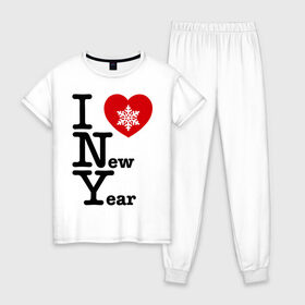 Женская пижама хлопок с принтом I love New Year в Курске, 100% хлопок | брюки и футболка прямого кроя, без карманов, на брюках мягкая резинка на поясе и по низу штанин | 2012 | new year | год дракона | нг | новогодний | новый 2012 | новый год | снежинка