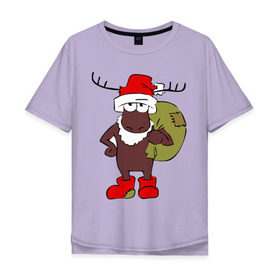 Мужская футболка хлопок Oversize с принтом Новогодний олень в Курске, 100% хлопок | свободный крой, круглый ворот, “спинка” длиннее передней части | дед мороз | мороз | нг | олень | олень санта клаусновый new year | санта | санта клаус